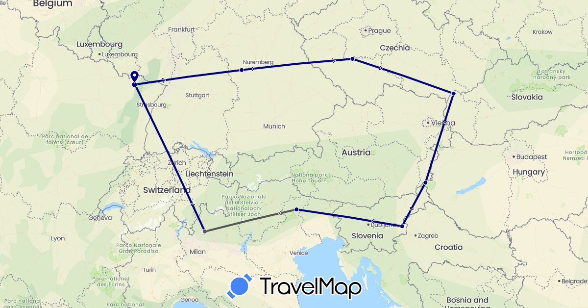 TravelMap itinerary: driving, motorbike in Czech Republic, Germany, France, Hungary, Italy, Slovenia, Slovakia (Europe)